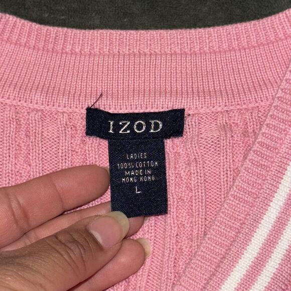Izod Sweater Women's Large Pink Cable Knitted Long Sleeve V-Neck Preppy Pullover - Picture 11 of 11
